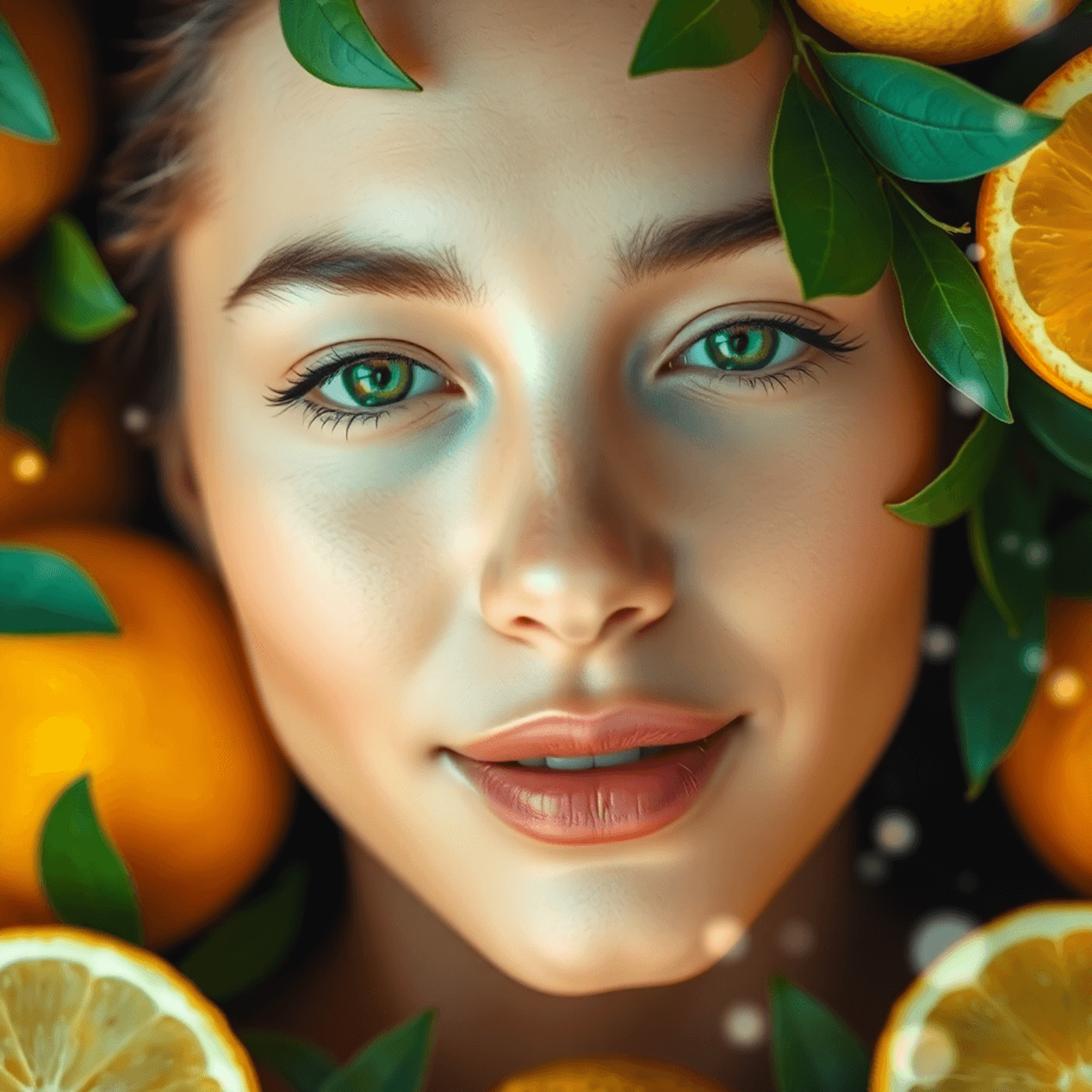 Radiant, glowing skin framed by fresh citrus—capturing the brightening power of a Vitamin C Serum to boost luminosity, even tone, and deliver a healthy, vibrant complexion.