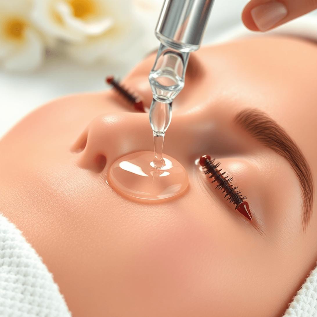Dropper applying a clear gel onto skin during treatment, illustrating proper use of Hyaluronic Acid for Microneedling to boost hydration and support smoother recovery.