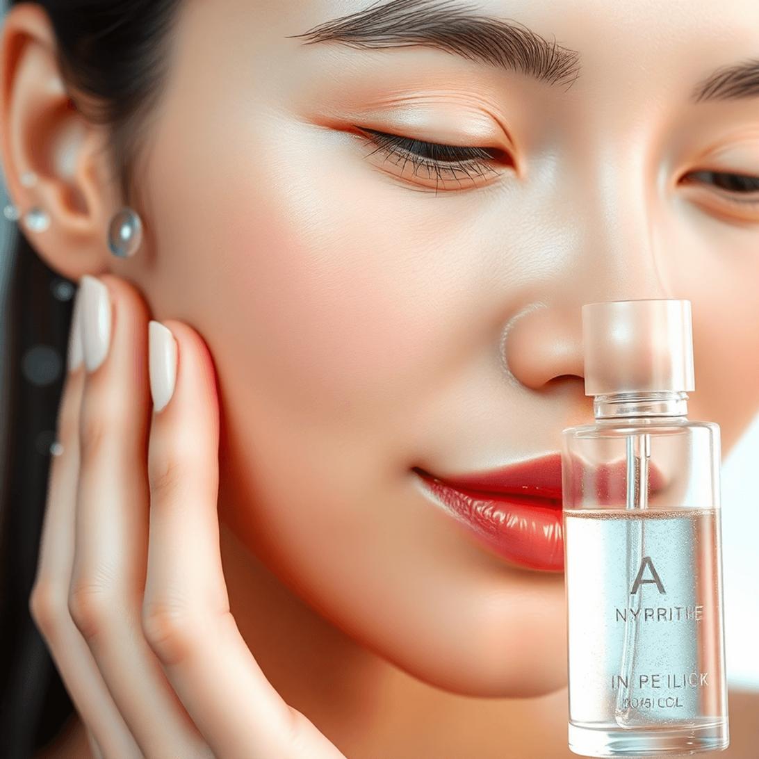 A close-up of smooth, luminous skin beside a serum bottle, highlighting the hydrating power of a Hyaluronic Acid Serum to plump, soothe, and restore a healthy, post-treatment glow.