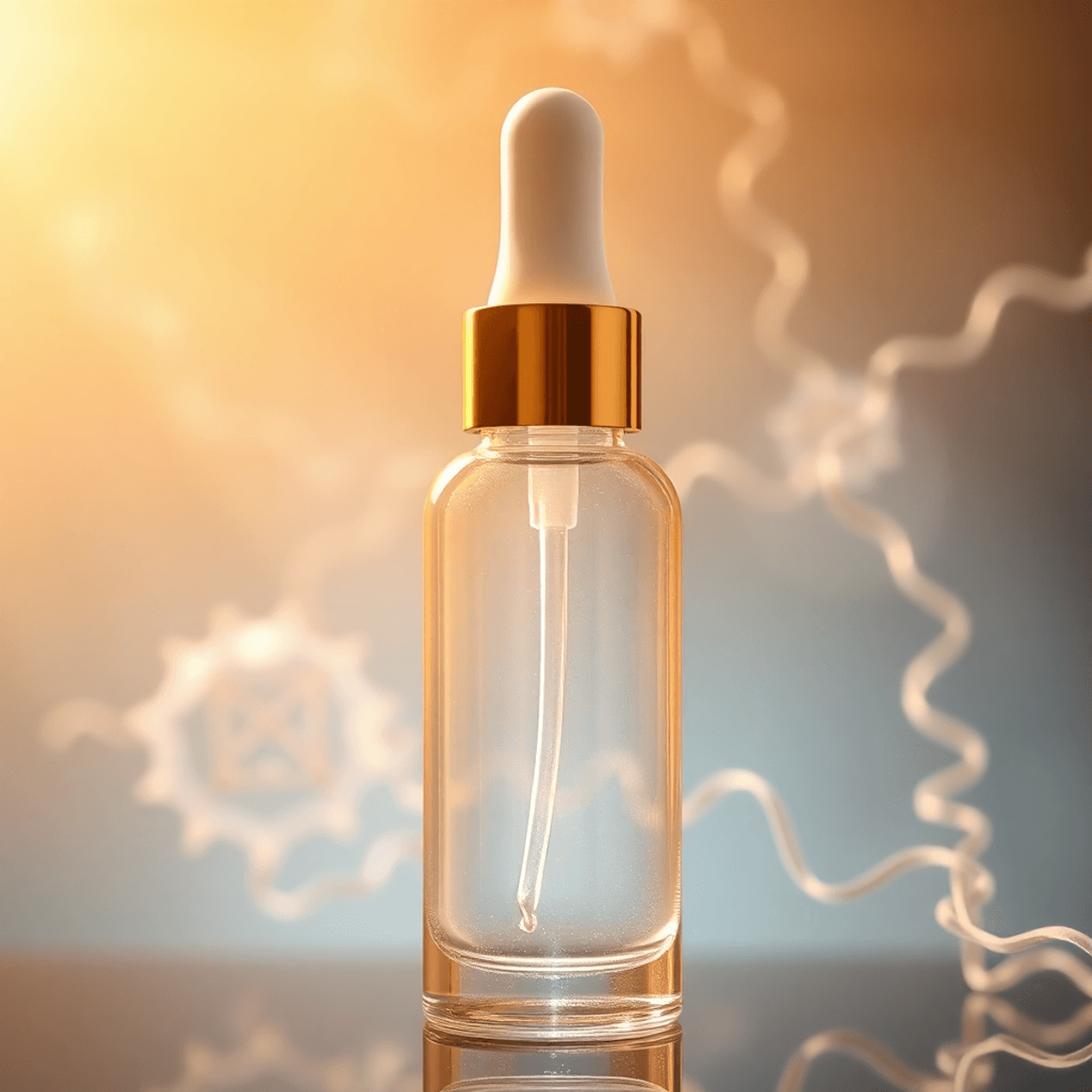 A sleek, minimalist dropper bottle bathed in soft light, representing a Human-Derived Growth Factor Serum designed to support skin repair, renewal, and post-procedure recovery.