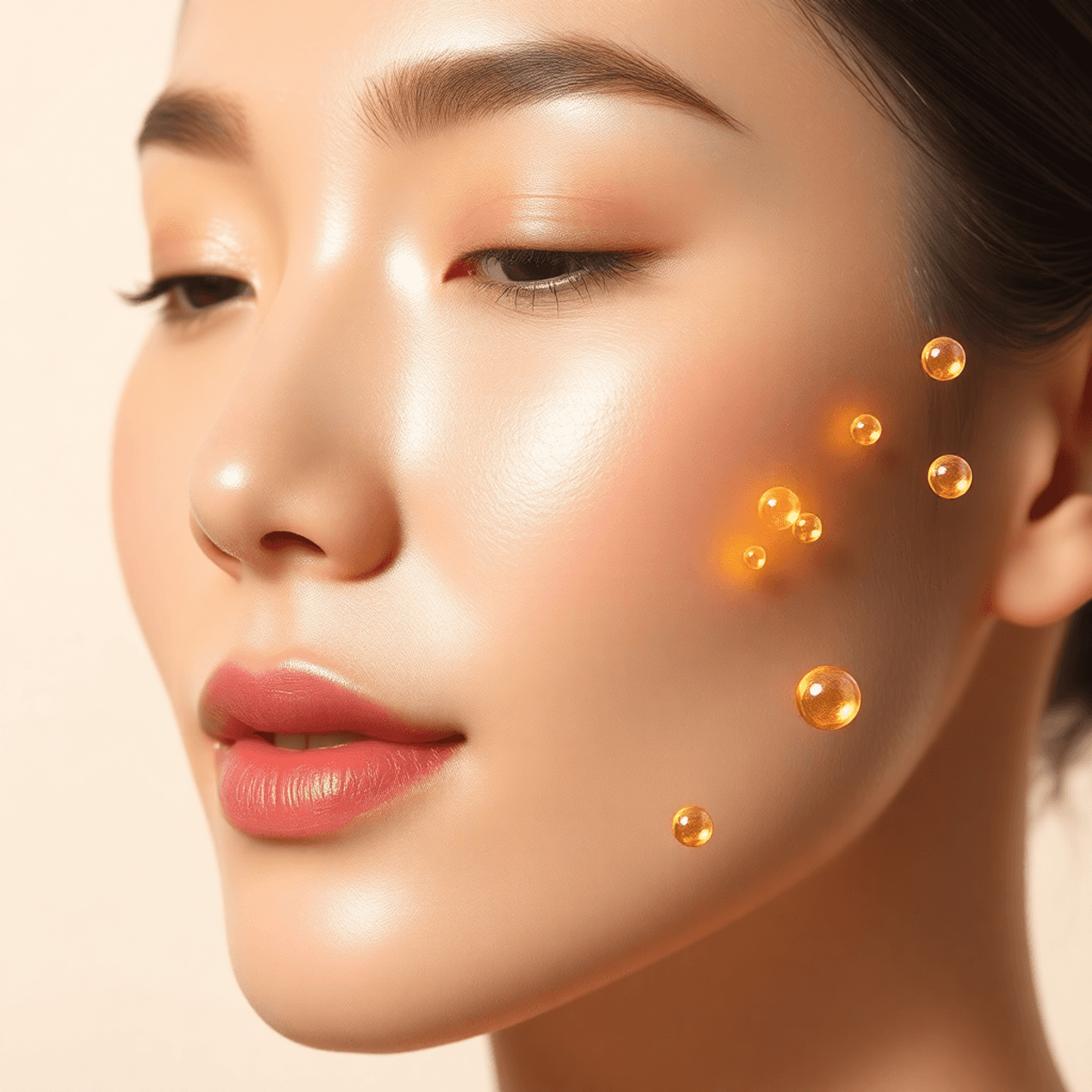 Close-up of radiant, smooth skin with glowing peptide serum droplets on the cheek, illustrating the nourishing and effective benefits of Microneedling Peptide Serum for skin rejuvenation.