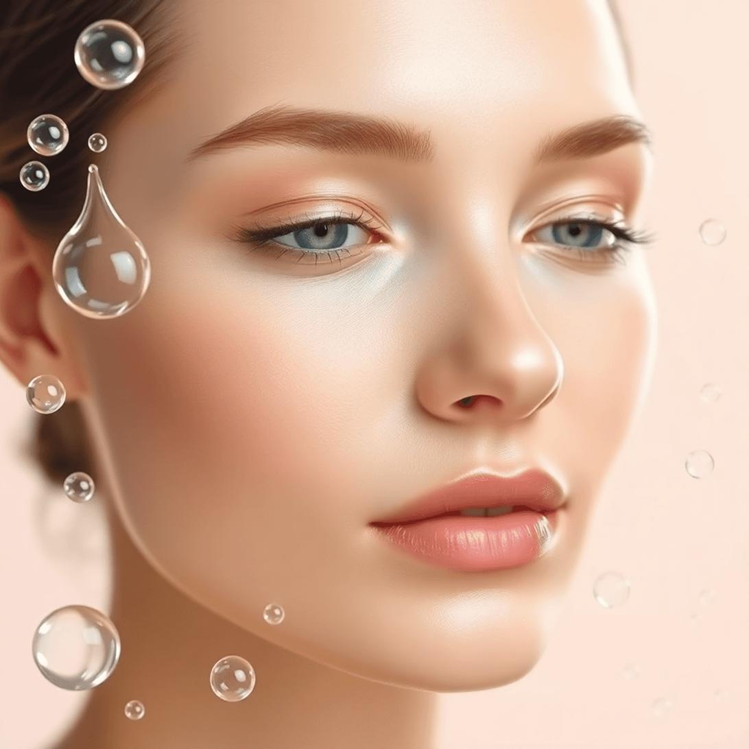 Close-up of glowing, hydrated skin with floating serum droplets, representing the soothing, barrier-supporting ingredients ideal for safe and effective At-Home Microneedling results.