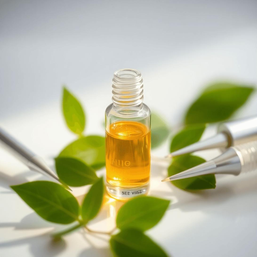 A golden ampoule surrounded by fresh green leaves, capturing the rejuvenating power of the Best PDRN Ampoules to support skin repair and enhance at-home microneedling results.