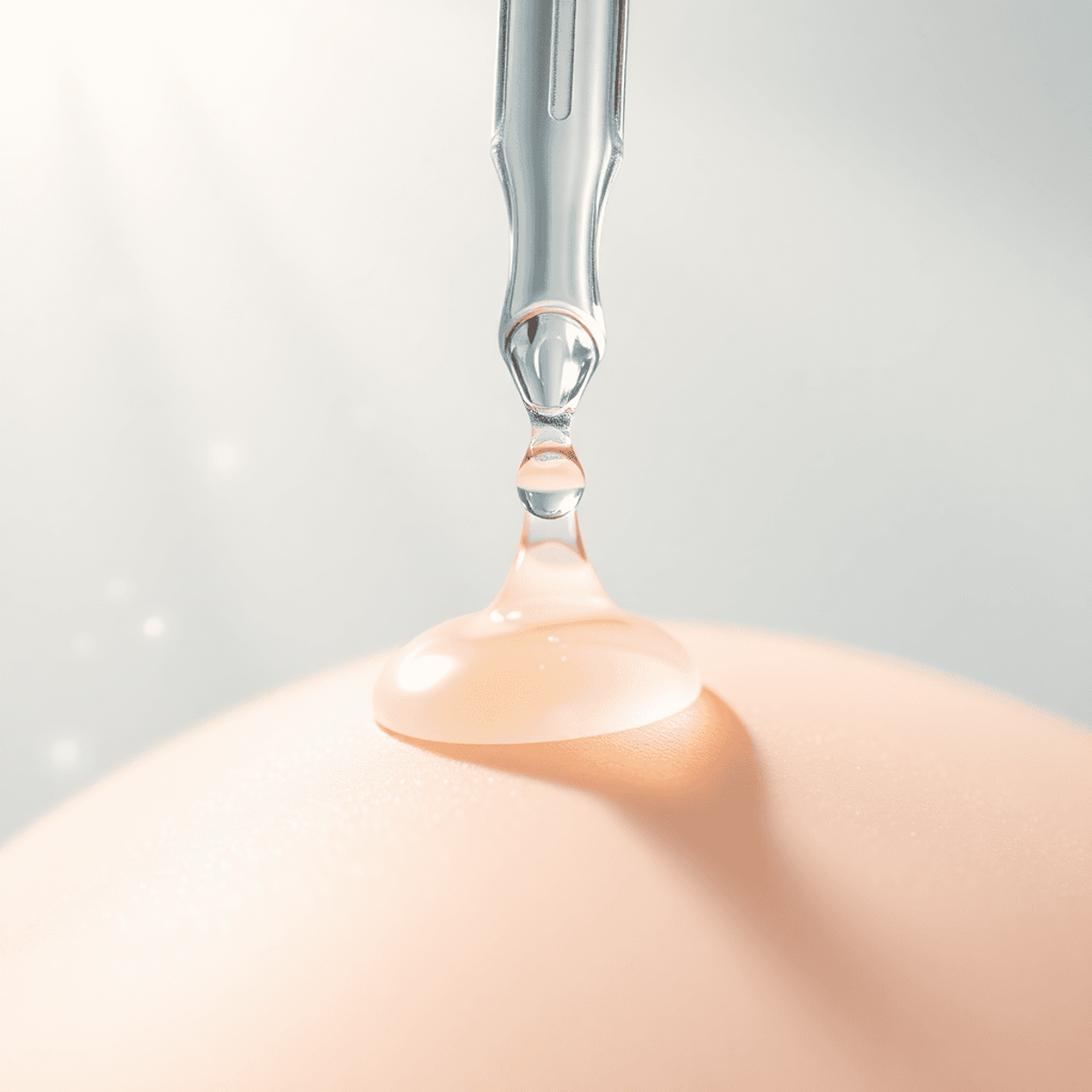 A pure serum droplet suspended from a dropper, symbolizing the precision and hydration power of Hyaluronic Acid for Microneedling to plump, soothe, and enhance skin recovery.
