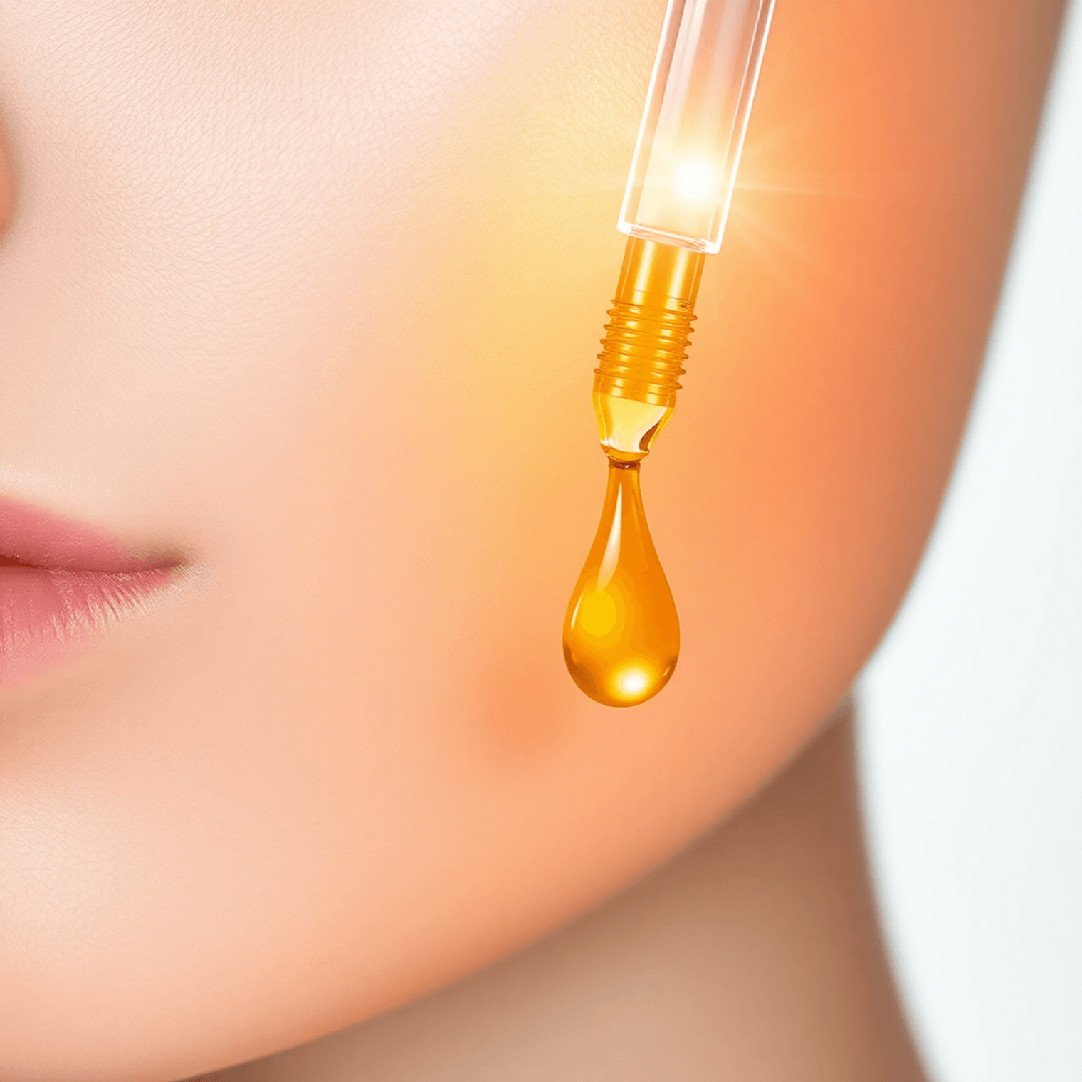 a dropper of serum in front of a womand cheek in an article about Best Serum for Microneedling