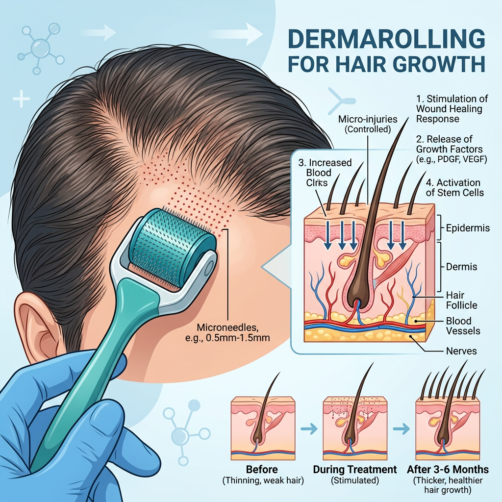 Dermarolling for hair growth shown with scalp dermaroller and growth factor hair serum
