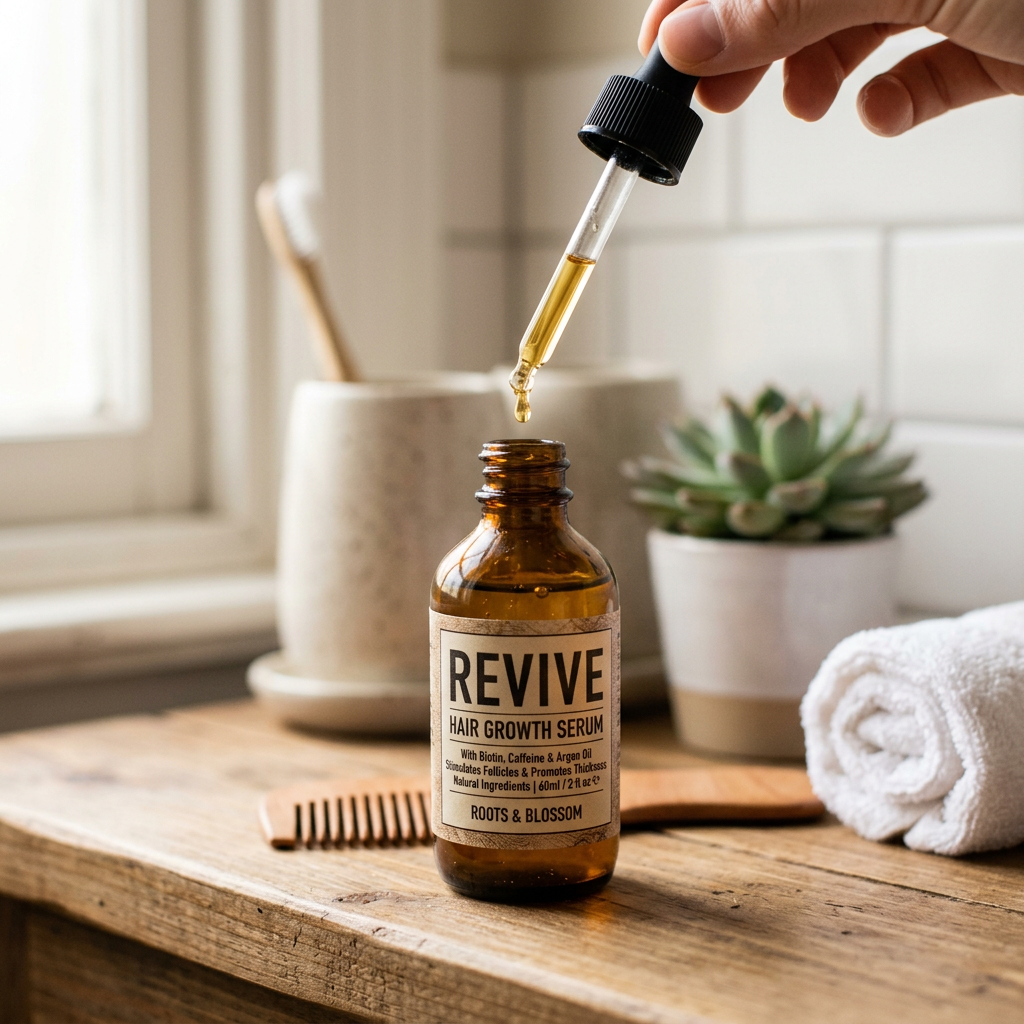 Hair growth serum shown with scalp treatment products and growth factor hair regrowth
