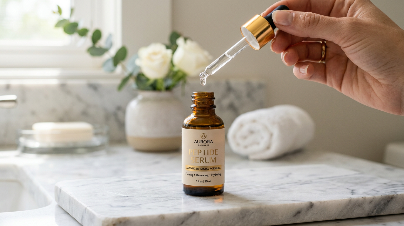 Peptide serum for face shown with anti-aging skincare and growth factor products
