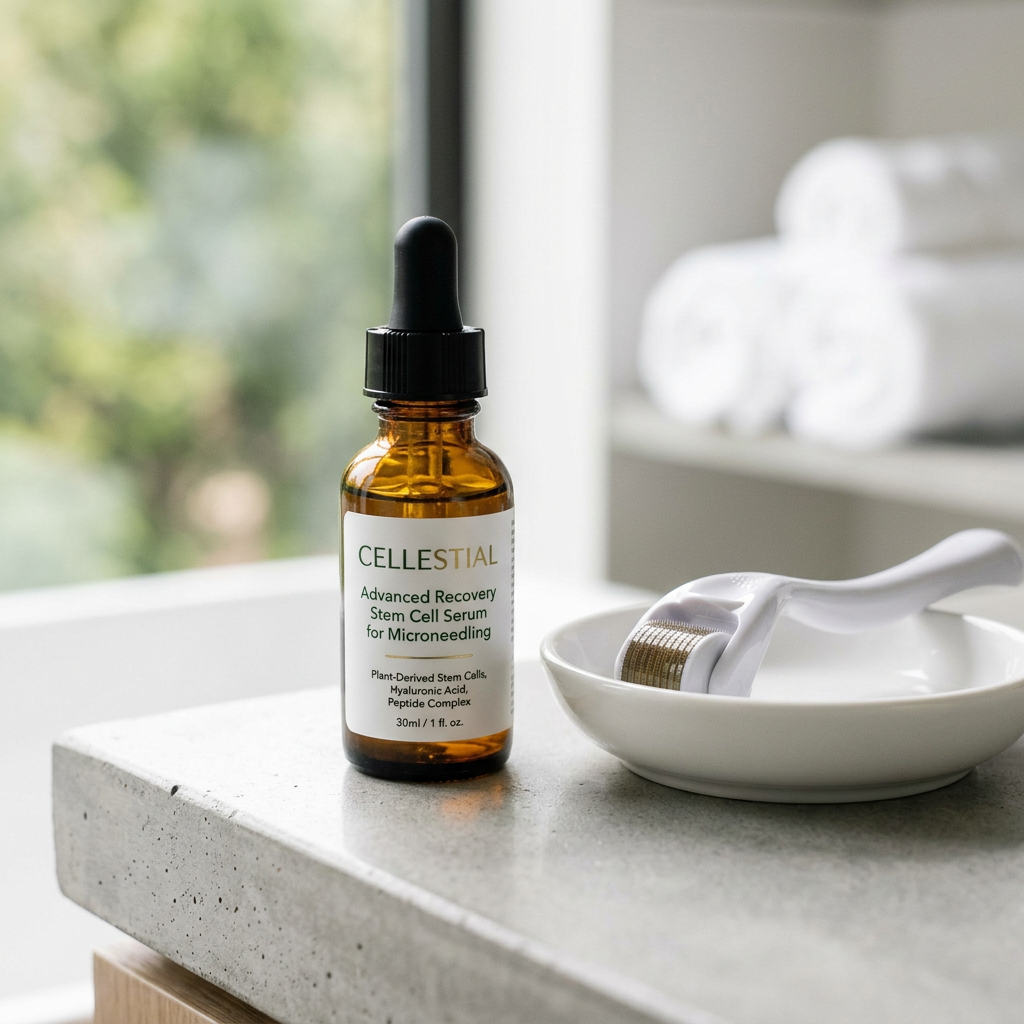 5 Undeniable Reasons This Is the Best Stem Cell Serum for Microneedling 1 Brown bottle of Cellestial Advanced Recovery Stem Cell Serum and white microneedling roller on white dish