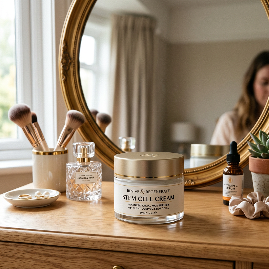 5 Remarkable Stem Cell Cream Benefits You Need to Know 1 Stem cell cream benefits shown with growth factor serum and moisturizer skincare routine