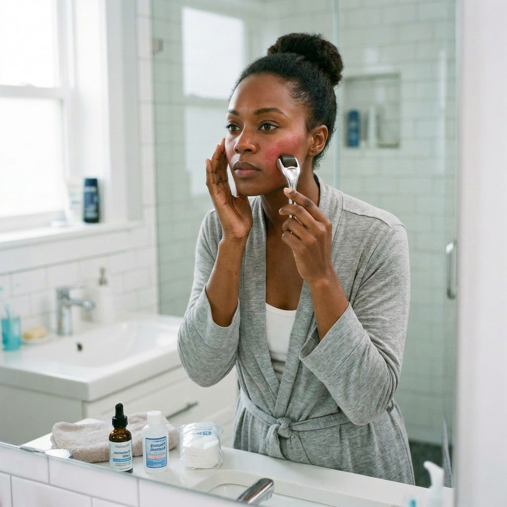 Anti aging microneedling serum shown with dermapen skincare and growth factor products
