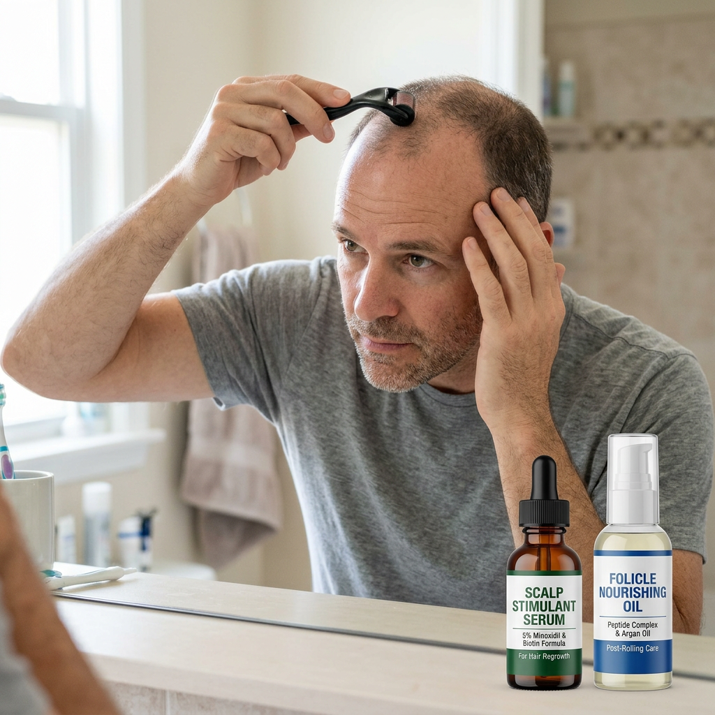 5 Jaw-Dropping Facts About Dermarolling for Hair 1 Dermarolling for hair shown with scalp microneedling device and growth factor hair serum
