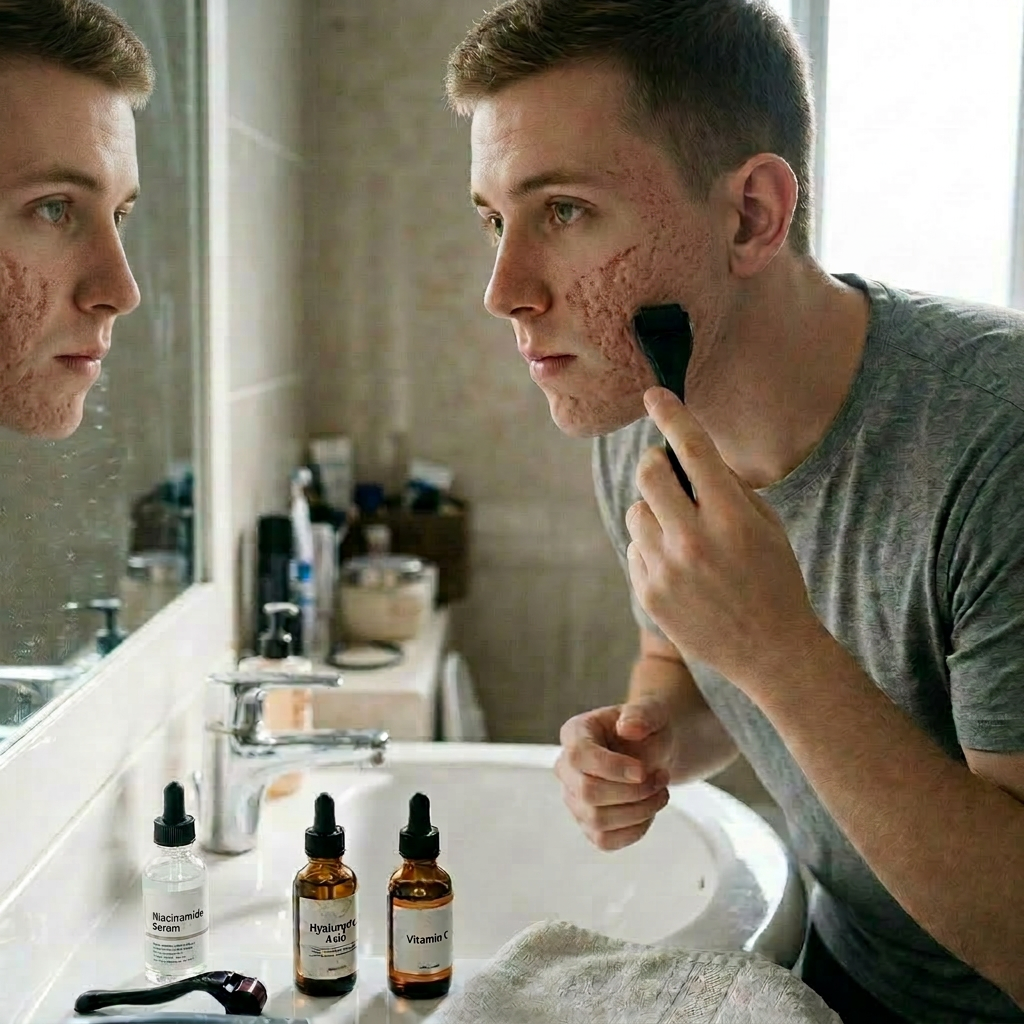 Acne scar serum shown with post-acne skincare treatment and collagen remodeling products
