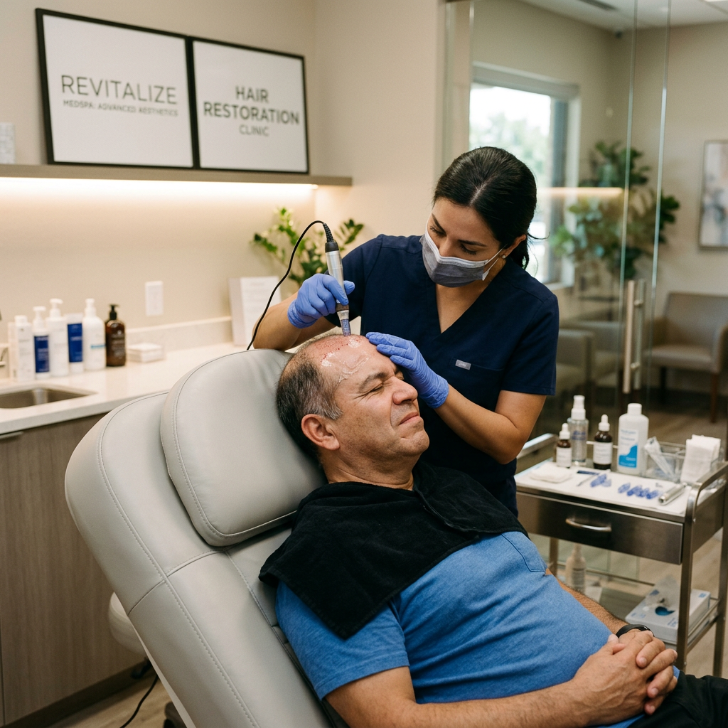 Stem cell hair treatment system shown with dermaroller red light cap and growth factor serum
