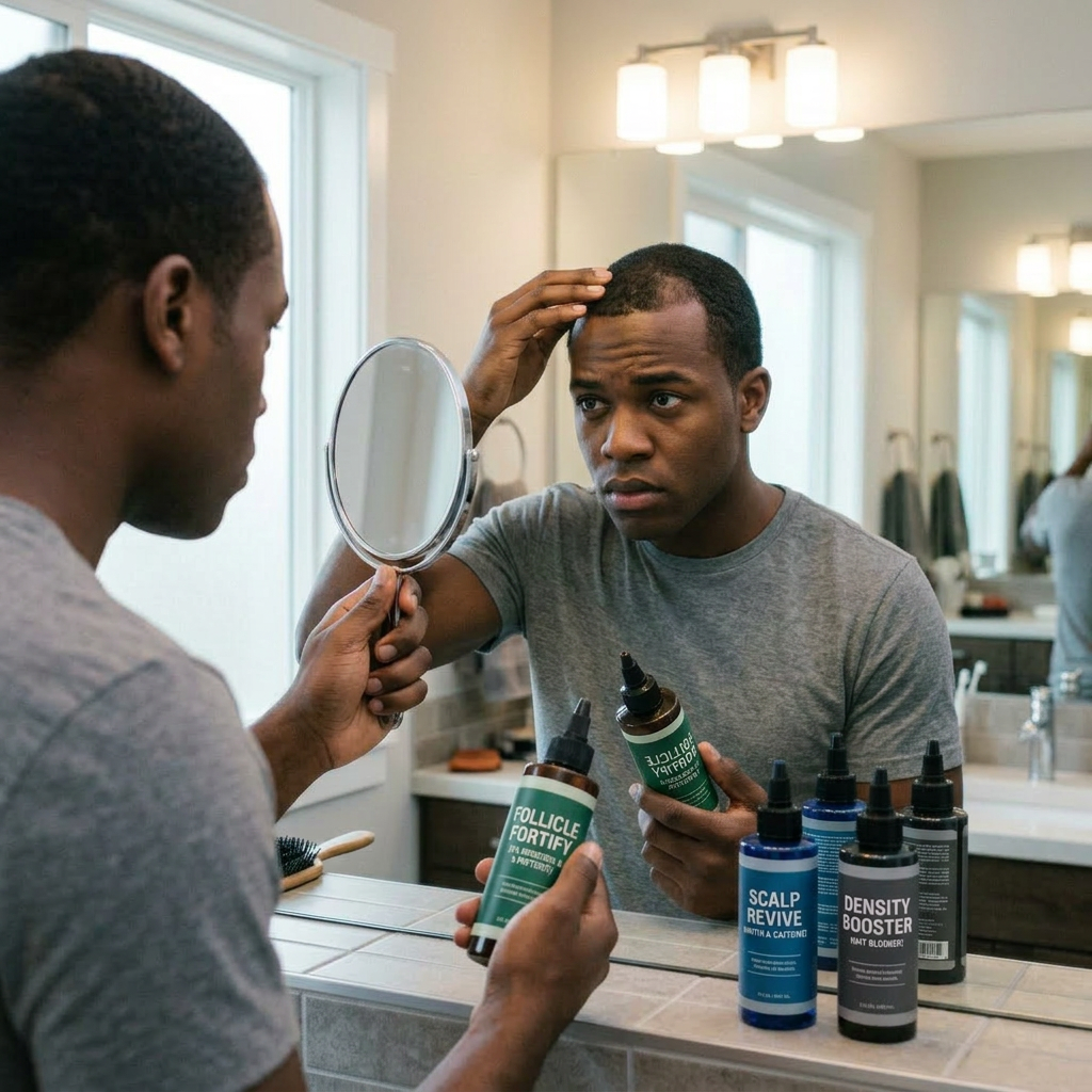 Hair regrowth serum shown with scalp treatment and hair follicle growth factor products
