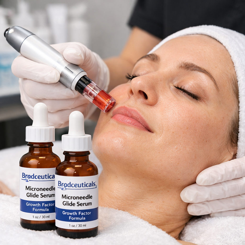 Microneedling device applying serum to woman's face during skin treatment.Microneedling at home for beginners shown with starter kit dermapen and growth factor serum