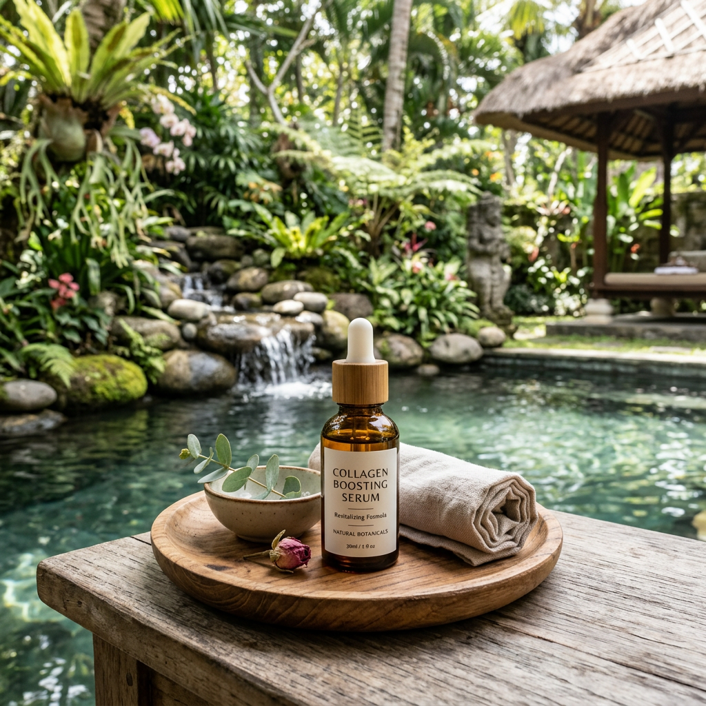 Collagen boosting serum shown with anti-aging growth factor skincare and collagen products