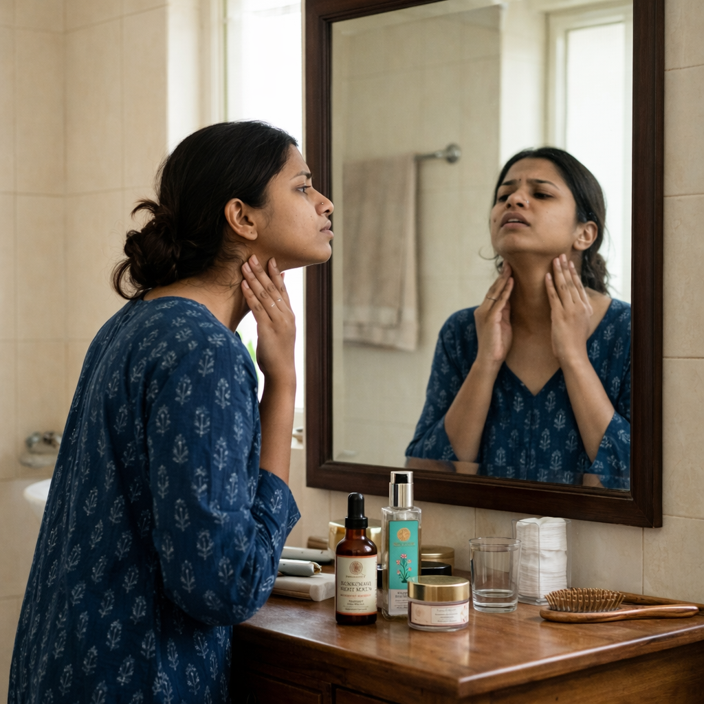Woman examining skin in bathroom mirror Neck firming serum shown with anti-aging neck treatment skincare and growth factor products