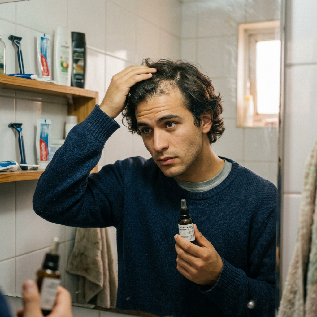 Man inspecting thinning hair in mirror holding treatment bottle. Scalp serum for hair growth shown with topical hair treatment and growth factor products