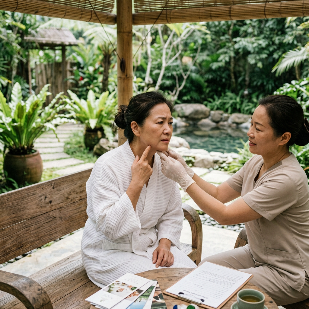 Jowl tightening shown with jawline firming anti-aging skincare and growth factor serum