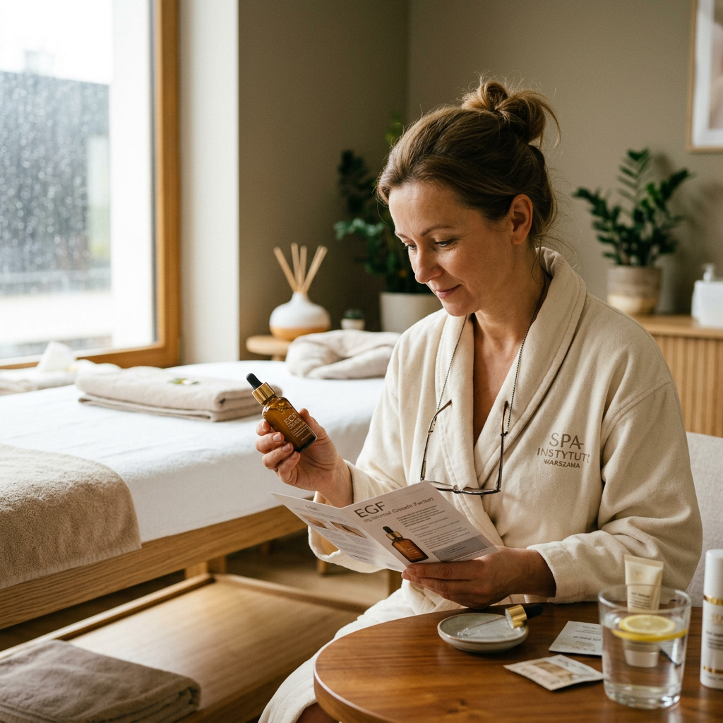 Woman in spa robe reading skincare product brochure while holding a dropper bottle. EGF serum benefits shown with epidermal growth factor anti-aging skincare products.