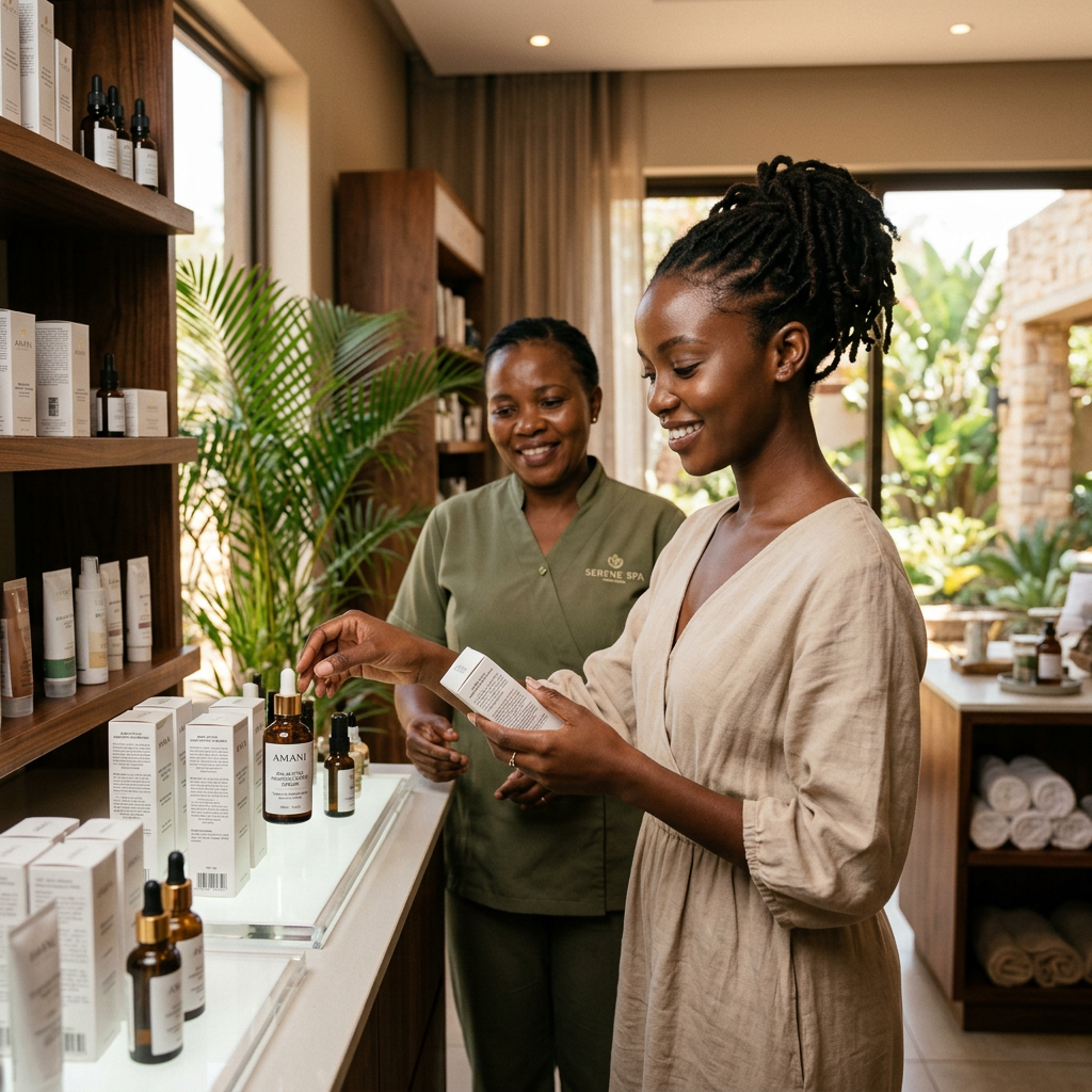 5 Undeniable Reasons This Is the Best Growth Factor Serum for Microneedling 1 Woman examining a skincare product with spa employee assisting. Best growth factor serum for microneedling shown with dermapen and post-procedure skincare