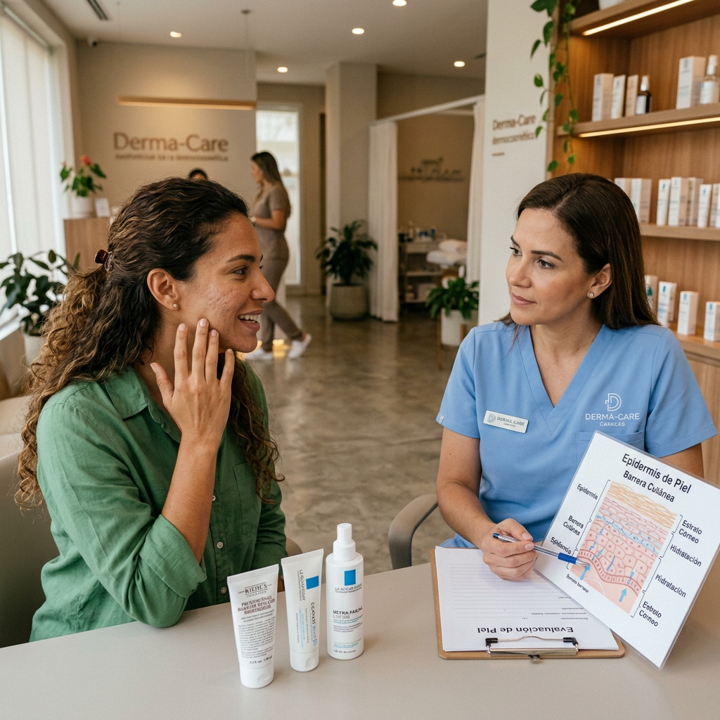 Woman discussing skin barrier repair at med spa. Skin barrier repair shown with gentle ceramide skincare and growth factor serum products