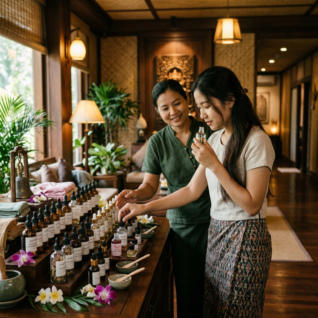Two women selecting and smelling essential oils in a spa with wooden decor and plants. Best serums for microneedling 2025 2026 shown with growth factor and glide skincare products