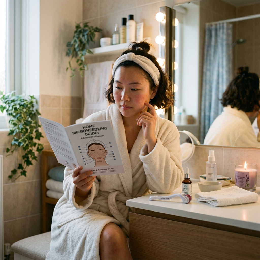 Woman reading home microneedling guide in bathroom with skincare tools and candle. Microneedling guide shown with complete protocol products dermapen serum and skincare