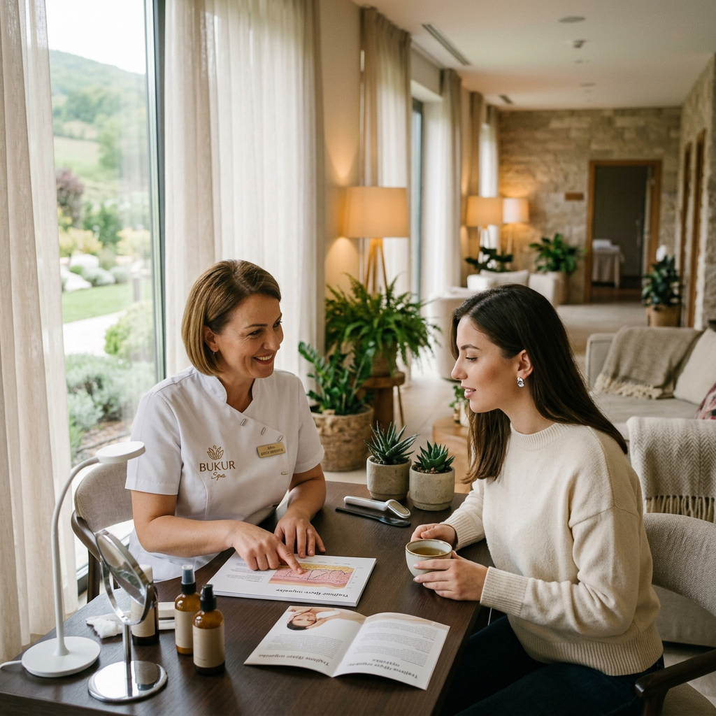Spa specialist discussing skincare chart with a client holding a cup in a calm room. Best face serum shown with anti-aging growth factor skincare products ranked for 2026