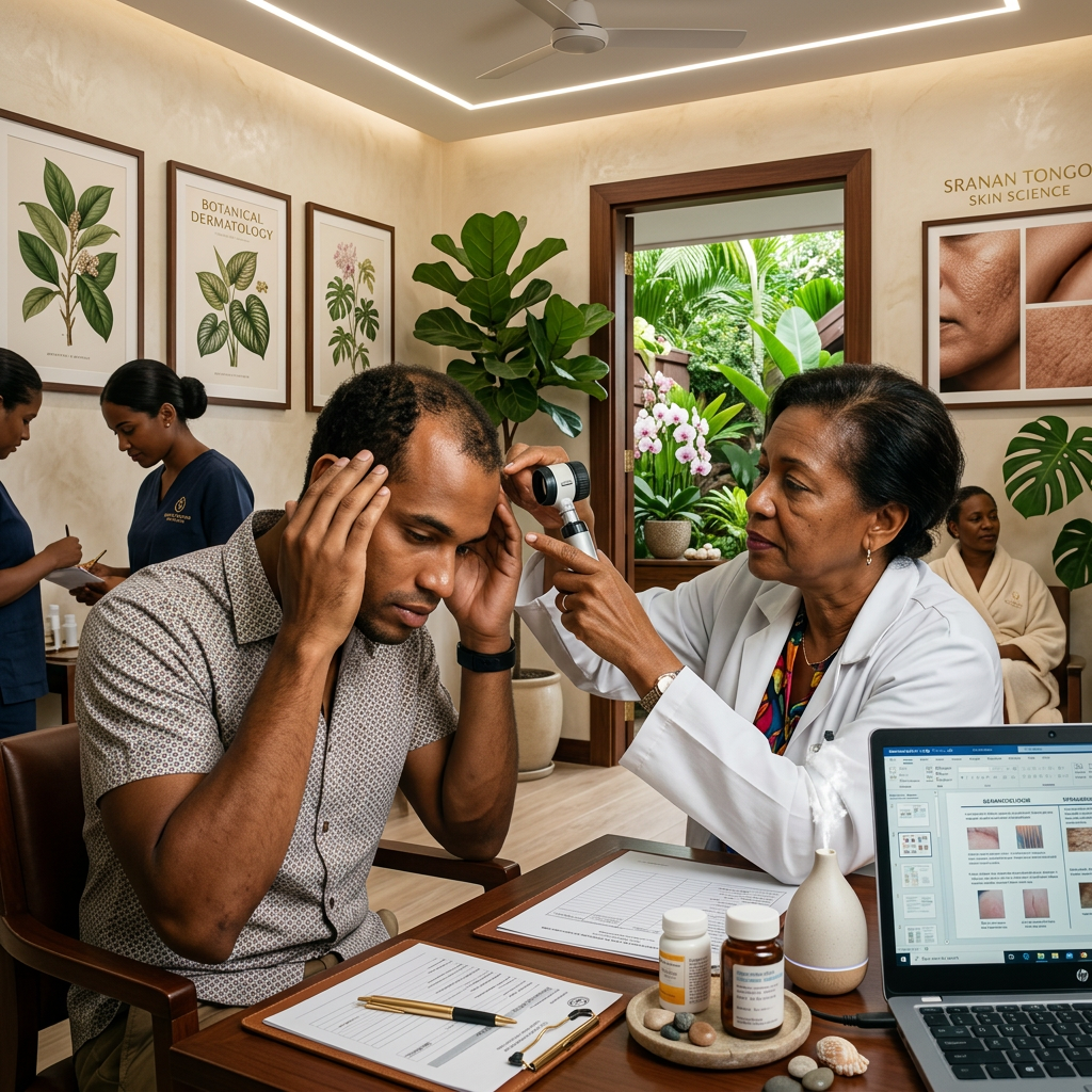 5 Reasons This Hair Growth Serum That Actually Works Changes Everything 1 Doctor using dermatoscope to examine man's scalp in clinic. Hair growth serum that actually works shown with clinical results and scalp treatment products
