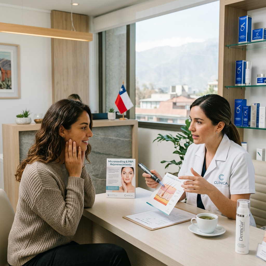 Dermatologist showing skin layer diagram to patient during consultation. Microneedling benefits shown with dermapen skincare and collagen boosting growth factor serum