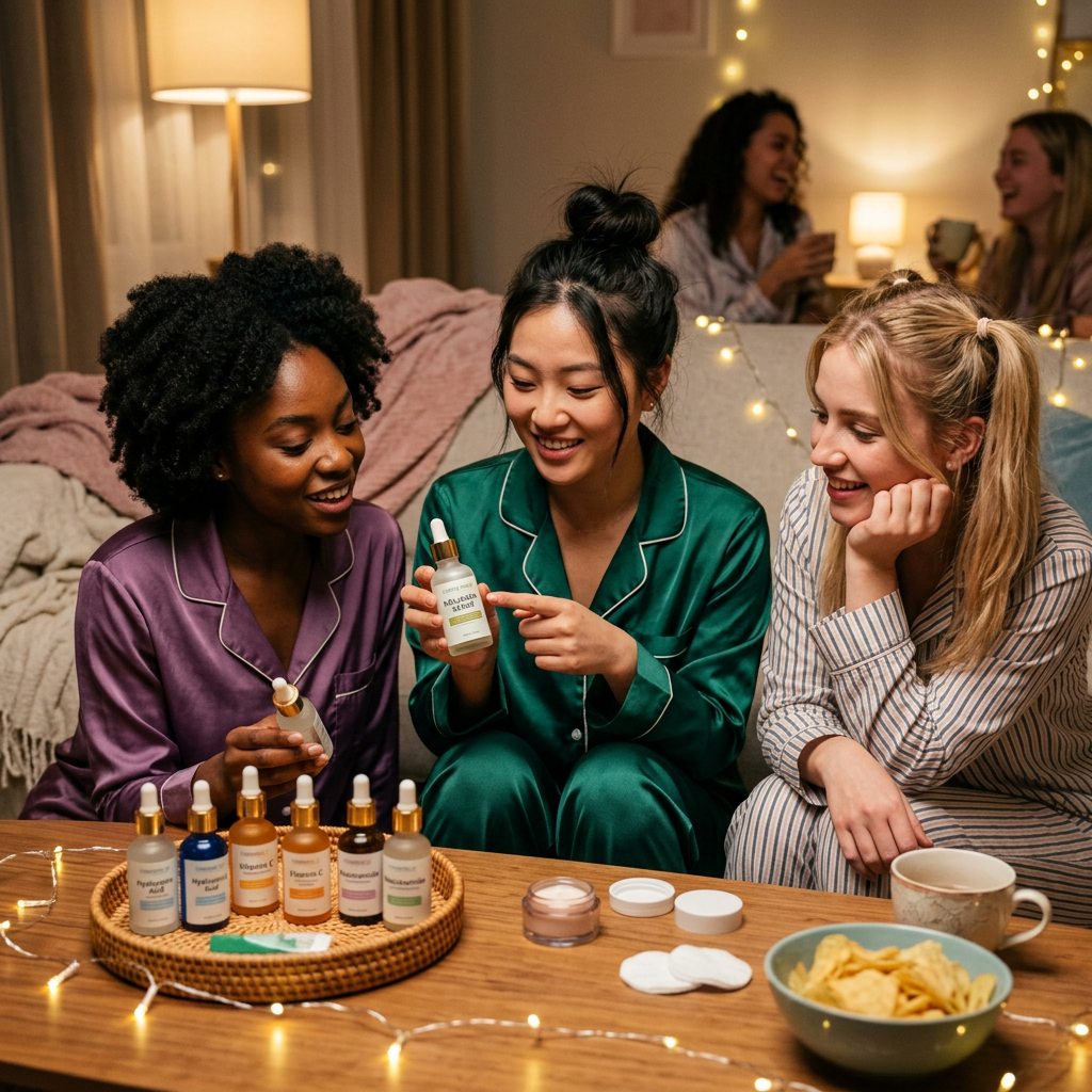 5 Best Collagen Serum Lies That Are Costing You Years 1 Three women sitting on a couch sharing skincare products and smiling. Best collagen serum shown with growth factor anti-aging skincare products ranked for 2026