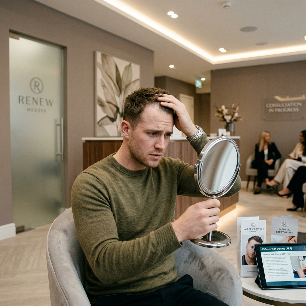 Man looking worriedly at hair loss in a hand mirror at a medical spa clinic. Stem cell hair serum shown with scalp treatment growth factor and hair regrowth products