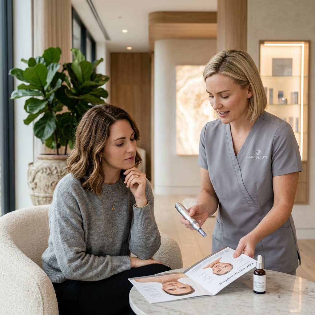Skincare specialist showing facial treatment brochure and holding a micro-needling device beside a seated client, EGF serum microneedling shown with growth factor skincare and dermapen treatment products