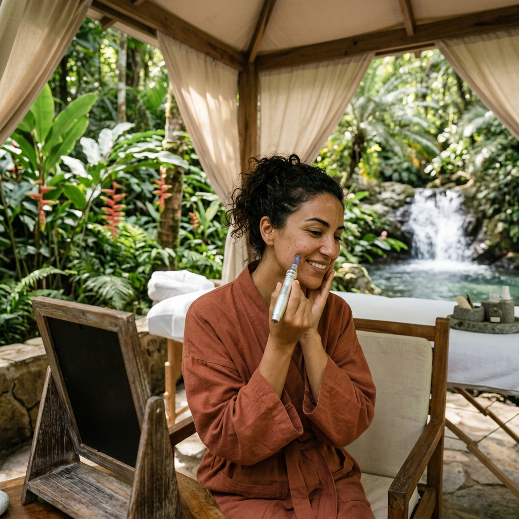Woman using a facial device on her cheek in an outdoor spa setting Microneedling before and after results shown with collagen transformation and growth factor skincare