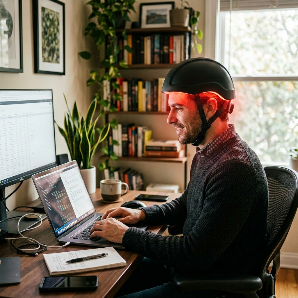 Man typing on laptop wearing a black helmet with red LED lights in home office LED hair growth helmet shown with scalp treatment serum and complete hair regrowth system