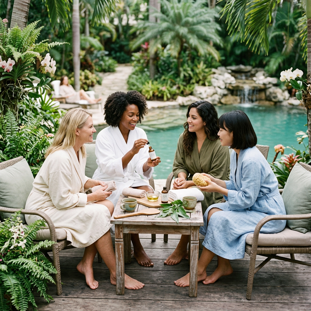 Four women in bathrobes sitting outside by a pool sharing skincare products. Best stem cell serum for face shown with growth factor anti-aging skincare products ranked