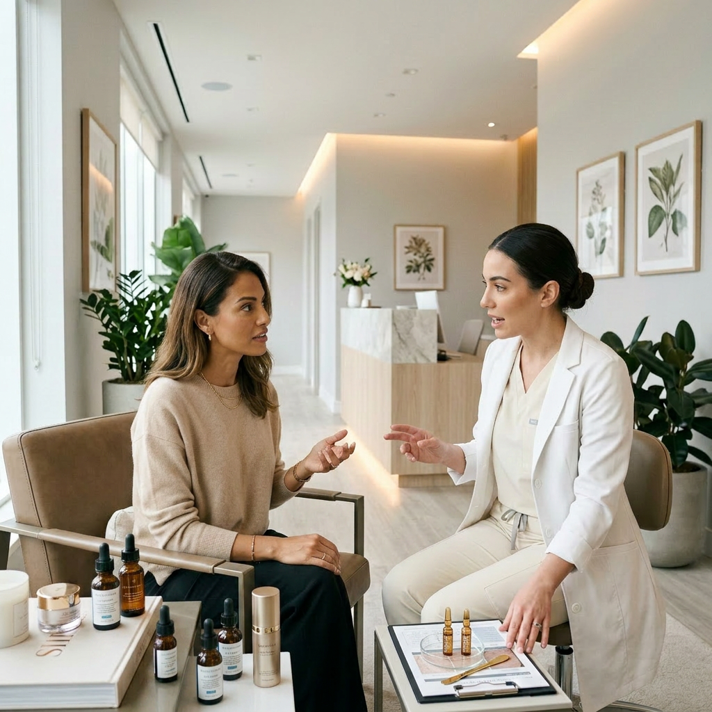 Two women in a modern clinic discussing skincare options with images on a clipboard. Skin rejuvenation serum shown with anti-aging growth factor skincare and renewal products