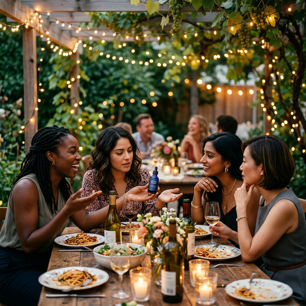 Group of four women sitting around a wooden table outdoors eating and talking with string lights above. Best peptide serum shown with peptide and growth factor anti-aging skincare products ranked