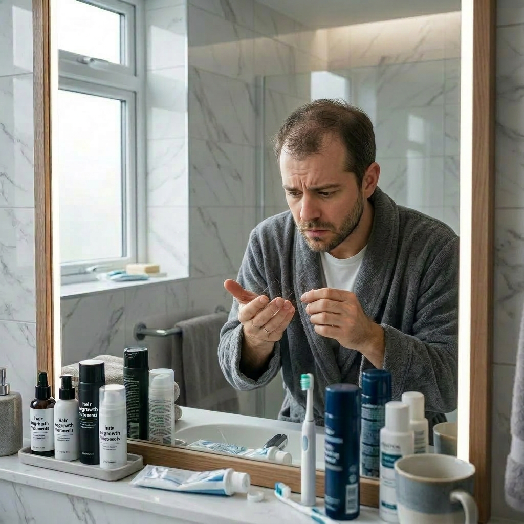 Man in bathroom looking at his thinning hair in the mirror. Best hair serum for hair loss shown with hair growth treatment and scalp care products ranked