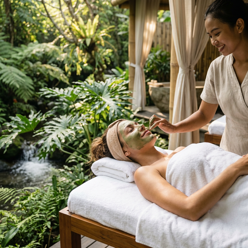 Woman receiving a facial mask treatment while lying on a spa bed outdoors. Exosome serum for face shown with MSC exosome anti-aging skincare and growth factor products