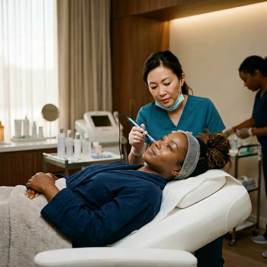 Skincare professional using a handheld device on client's face during facial treatment. Collagen serum for microneedling shown with growth factor skincare and dermapen products