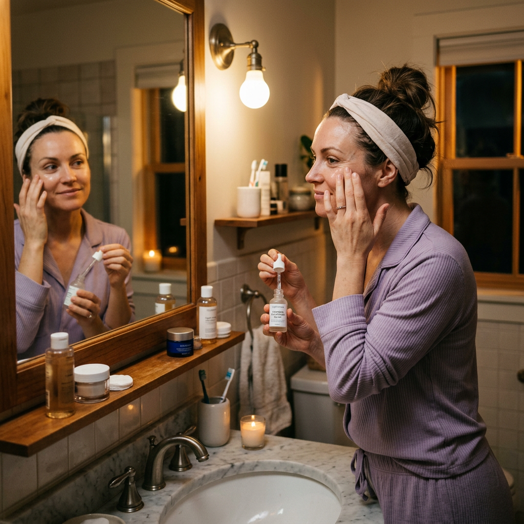 Woman applying facial serum in bathroom mirror reflection. Wrinkle serum shown with anti-aging growth factor skincare and collagen boosting products
