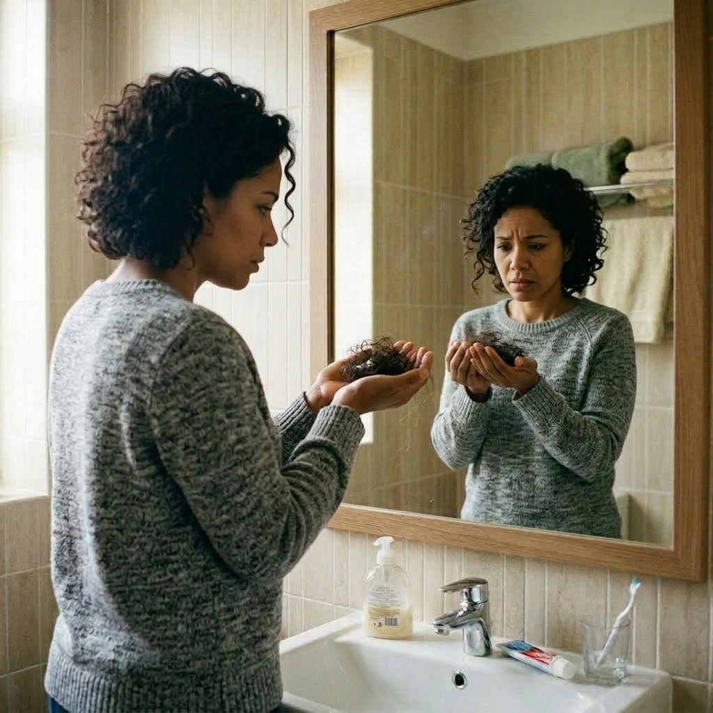 Woman holding clumps of hair, looking concerned in bathroom mirror. Hair loss serum for women shown with women's scalp treatment and growth factor hair products