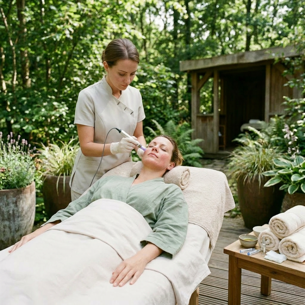 Woman applying facial device while holding mirror outdoors on massage table. Microneedling frequency guide shown with dermapen skincare and growth factor serum protocol