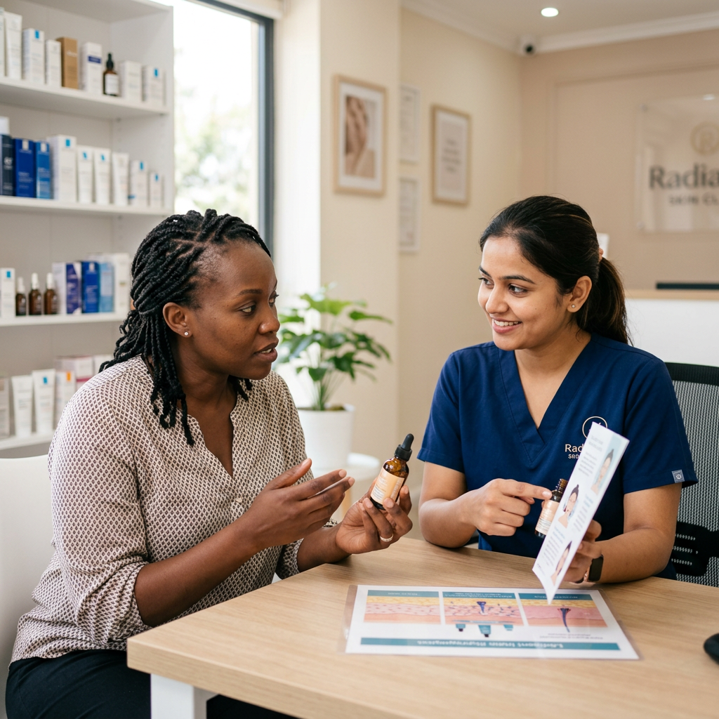 Dermatologist discussing skincare product with patient at clinic. Skin tightening serum shown with firming anti-aging growth factor skincare products