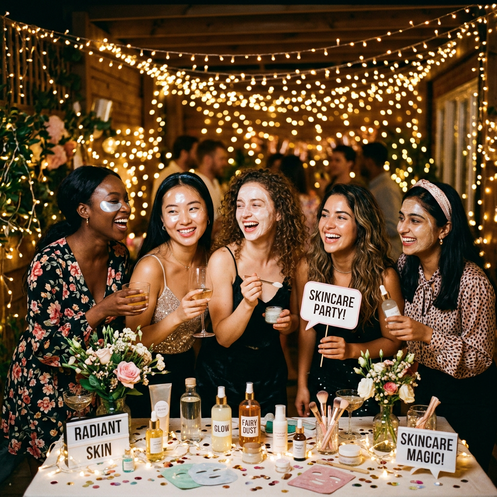 Five friends smiling and holding skincare products at a decorated skincare party. Microneedling downtime shown with post-procedure recovery skincare and growth factor serum