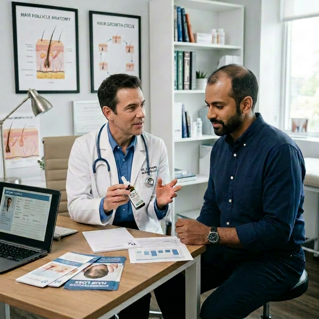 Dermatologist explaining hair loss treatment to a male patient in a medical office. Hair thickening serum shown with scalp treatment and growth factor hair volume products
