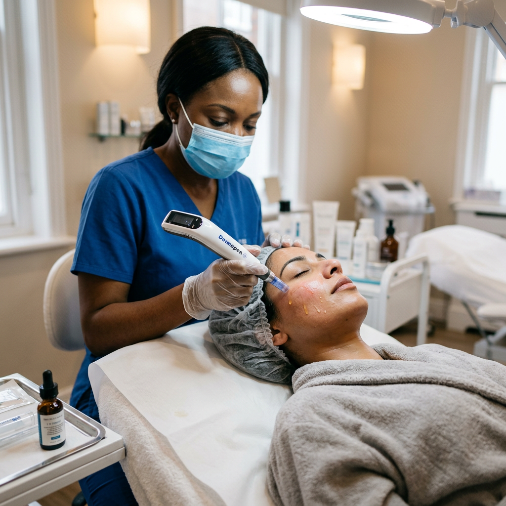 Skincare professional using a Dermapen device on patient's face during microneedling treatment. Vitamin c serum after microneedling shown with post-procedure skincare and growth factor products